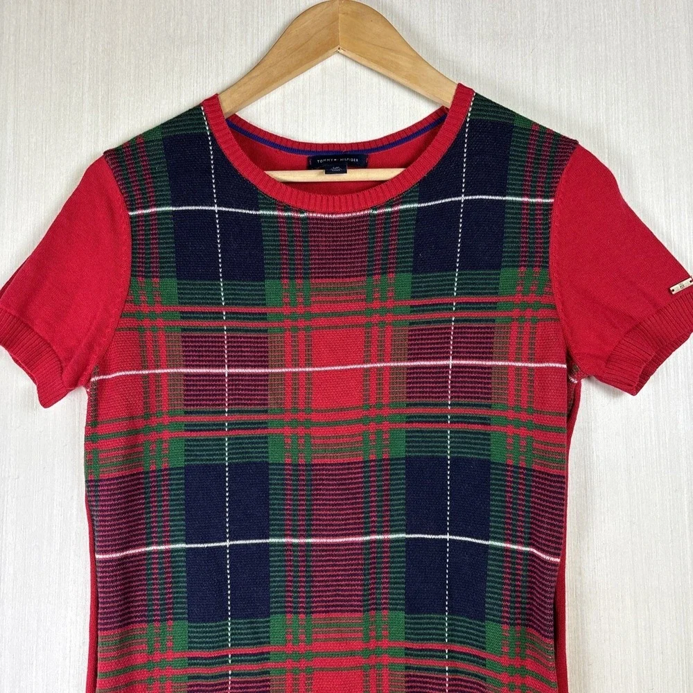 Tommy Hilfiger Womens Sweater‎ Dress Sz S Red Holiday Plaid Short Sleeve Logo
